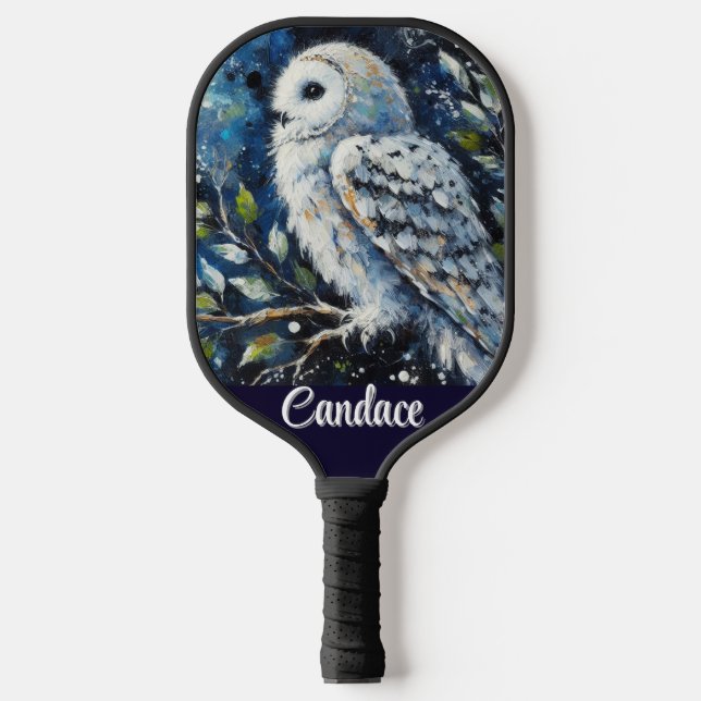 Weißes Owl am Zweig im Mondlicht Personalisiert Pickleball Schläger (Vorderseite)