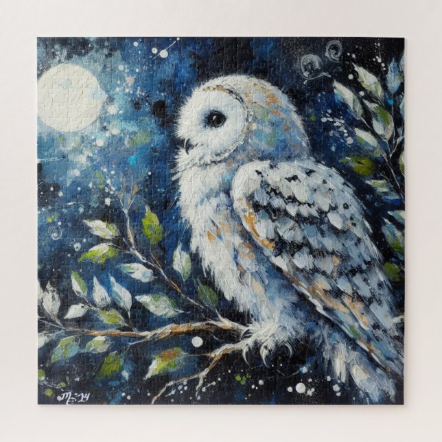 Weißes Owl am Zweig in der Mondlichtmalerei (Vertikal)