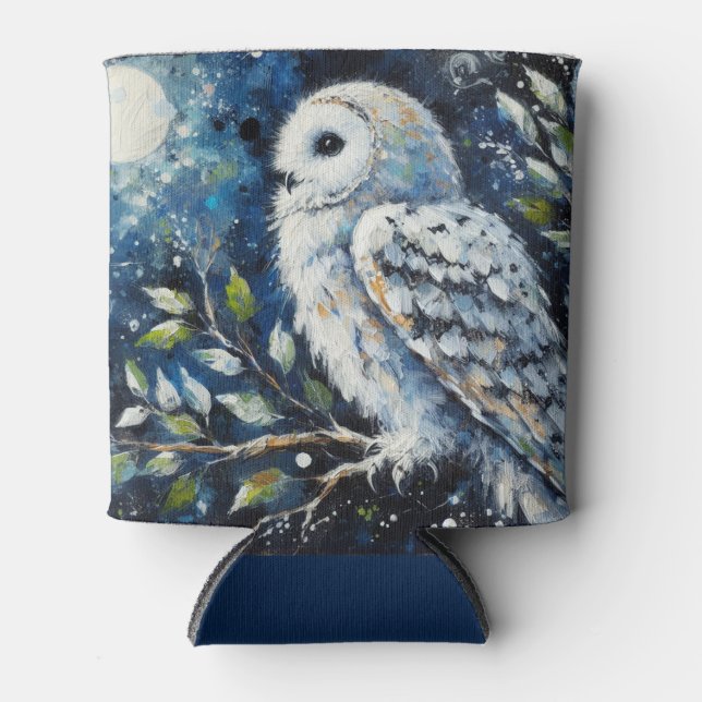 Weißes Owl am Zweig in der Mondlichtmalerei Dosenkühler (Vorderseite)