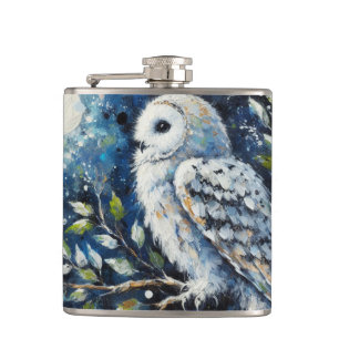 Weißes Owl am Zweig in der Mondlichtmalerei Flachmann