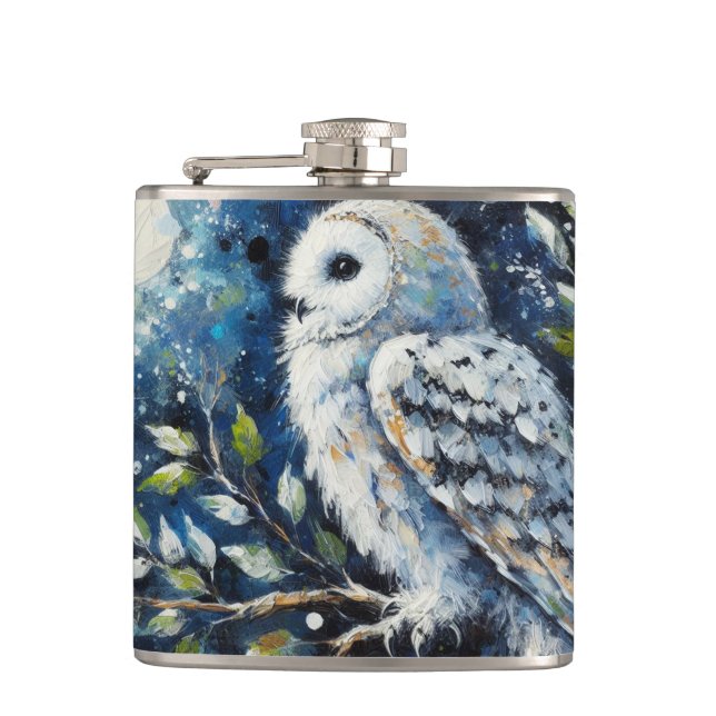 Weißes Owl am Zweig in der Mondlichtmalerei Flachmann (Vorderseite)