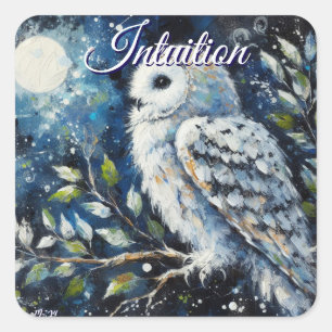 Weißes Owl am Zweig in der Mondlichtmalerei Quadratischer Aufkleber