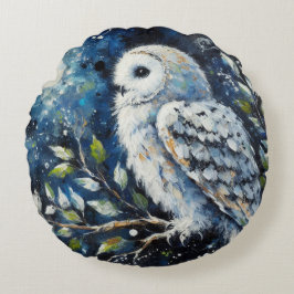 Weißes Owl am Zweig in der Mondlichtmalerei Rundes Kissen