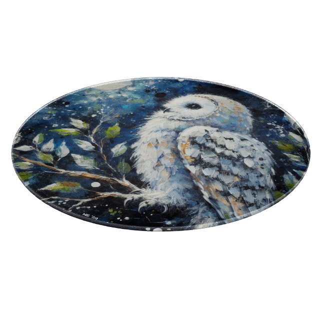 Weißes Owl am Zweig in der Mondlichtmalerei Schneidebrett (Ecke)