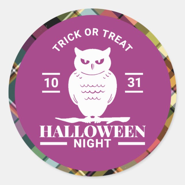 Weißes Owl Halloween Night Kariert Runder Aufkleber (Vorderseite)