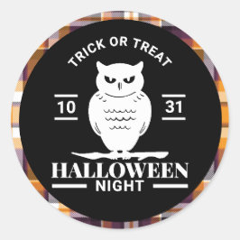 Weißes Owl Halloween Schwarz/Orange Kariert Runder Aufkleber