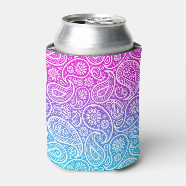 Weißes Paisley-Muster in Rosa bis Blau Dosenkühler (Kanne Vorderseite)