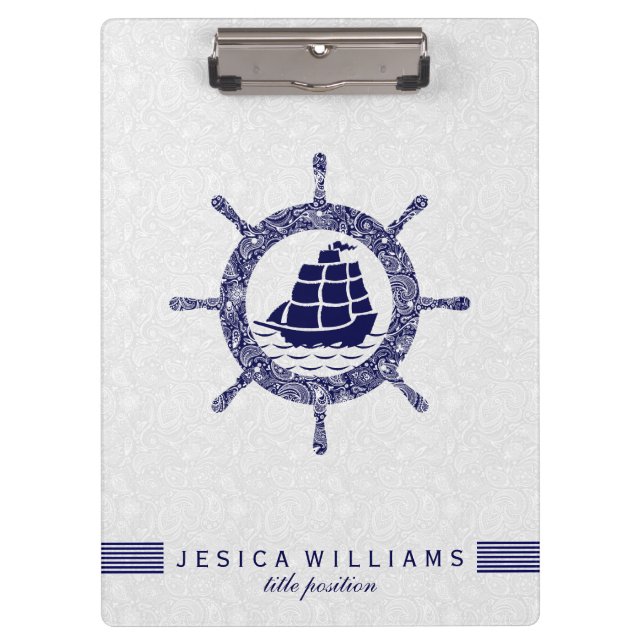 Weißes Paisley- und Navy-Blue-Wasserschiff-Rad Klemmbrett (Vorderseite)
