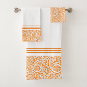 Weißes Paisleymuster auf Orange mit Streifen Badhandtuch Set