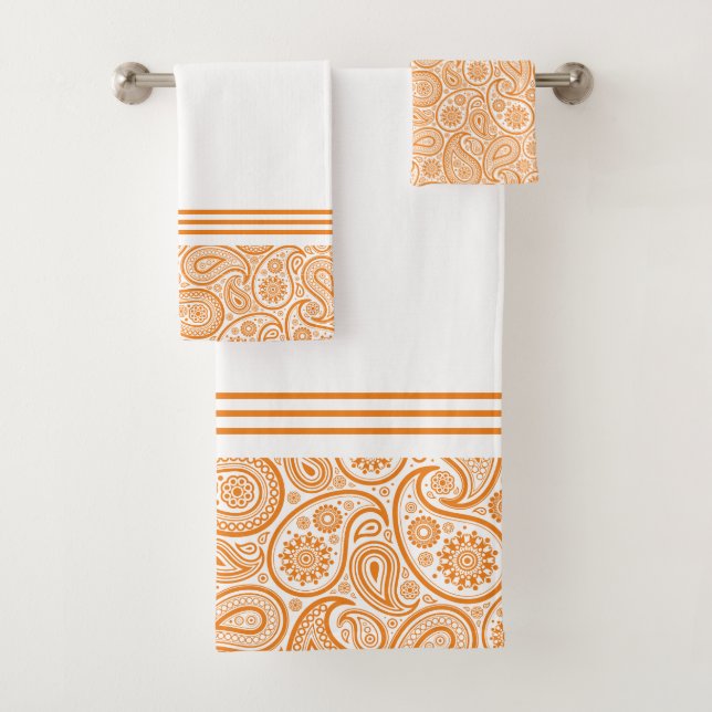 Weißes Paisleymuster auf Orange mit Streifen Badhandtuch Set (Insitu)