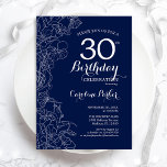 Weißes Party am 30. Geburtstag Einladung<br><div class="desc">Navy White Floral 30. Geburtstag Party Einladung. Minimalistisches modernes Design mit botanischen Kontur Zeichnungen Akzente und Typografie Drehbuch Schriftart. Einfache,  trendige Einladungskarte für eine stilvolle Damenfeier. Kann für jedes Alter angepasst werden. Gedruckte Zazzle Einladungen oder Sofortdownload digitalen druckbaren Vorlage.</div>