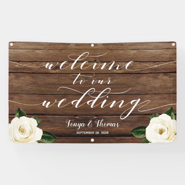 Weißes Peony Calligraphy Wood Willkommen bei unser Banner (Horizontal)