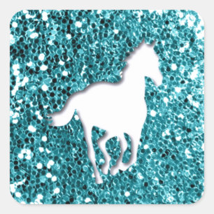 Weißes Pferd auf Aqua Glitzer Look Quadratischer Aufkleber