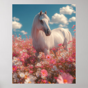 Weißes Pferd auf einem Blütenfeld Poster