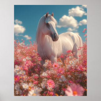 Weißes Pferd auf einem Blütenfeld Poster