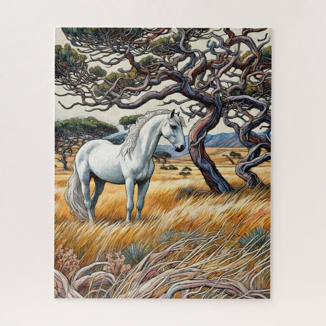 Weißes Pferd auf Grassland 500 Stück Puzzle (Vertikal)