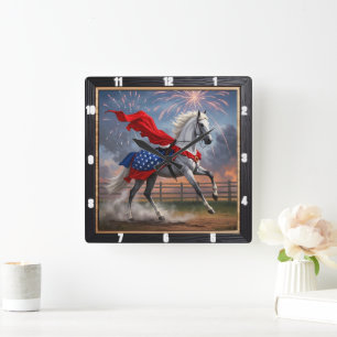 Weißes Pferd Feuerwerk Patriotisch Quadratische Wanduhr