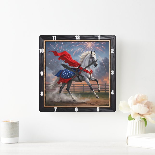 Weißes Pferd Feuerwerk Patriotisch Quadratische Wanduhr (Zuhause)