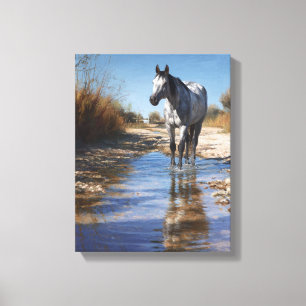 Weißes Pferd Flache Fluss Reflexionskunst Leinwanddruck