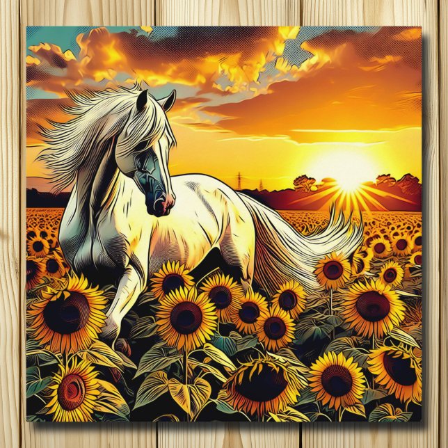 Weißes Pferd im Feld der Sonnenblumen bei Sonnenun Poster (Von Creator hochgeladen)