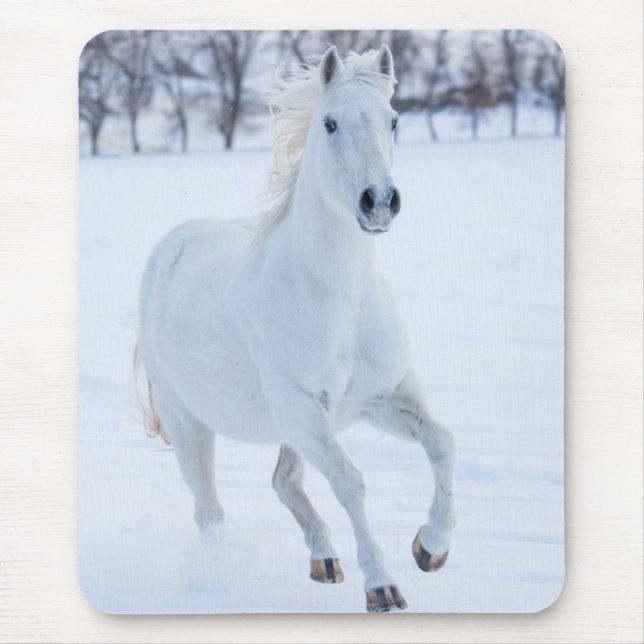 Weißes Pferd im Schnee laufen Mousepad (Vorne)