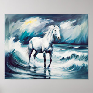 Weißes Pferd im Sturmmeer Poster
