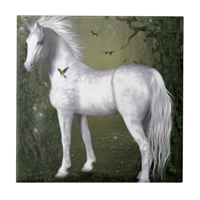 Weißes Pferd im Wald mit Vögeln Fliese (Vorderseite)