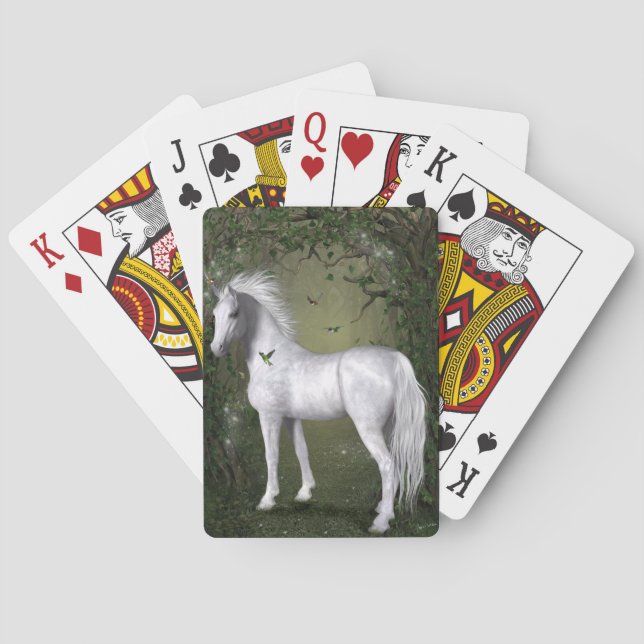 Weißes Pferd im Wald mit Vögeln Spielkarten (Rückseite)