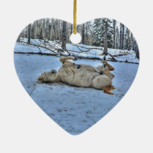 Weißes Pferd im Winterschnee Keramik Ornament