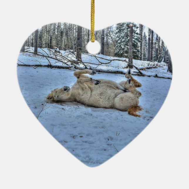 Weißes Pferd im Winterschnee Keramik Ornament (Hinten)