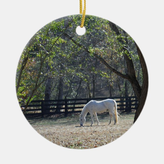 Weißes Pferd in Bäumen Keramikornament (Vorne)