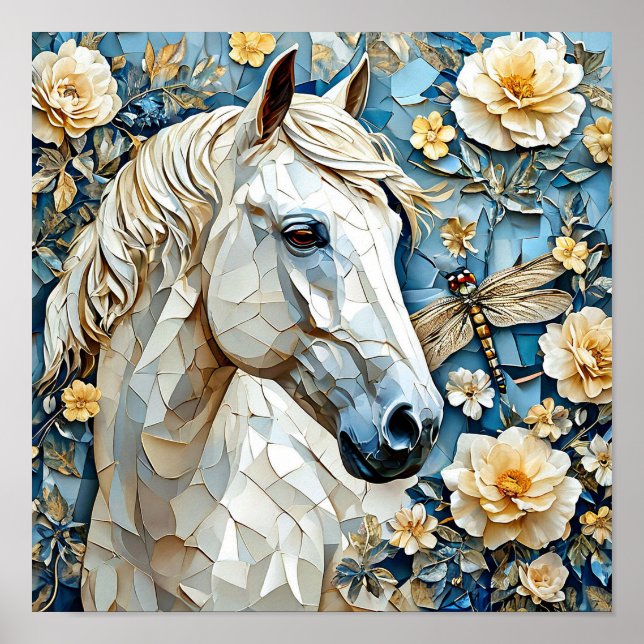 Weißes Pferd in blühenden Blumen Elegante Natur Poster (Vorne)
