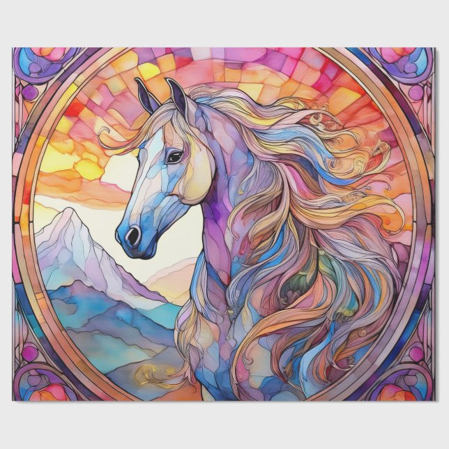Weißes Pferd in Buntglas  Geschenkpapier (Flach)