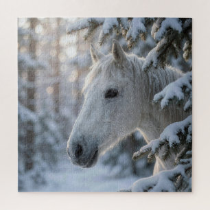 Weißes Pferd in schneebedecktem Kiefernbaum
