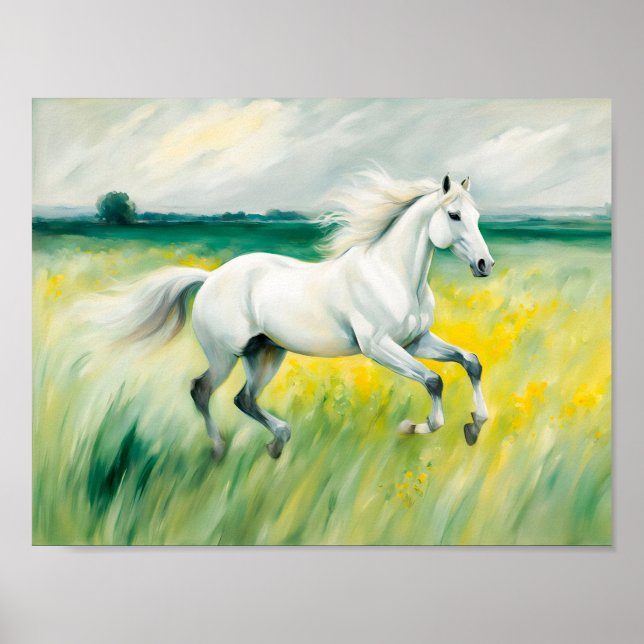 Weißes Pferd läuft über die Wiese Poster (Vorne)