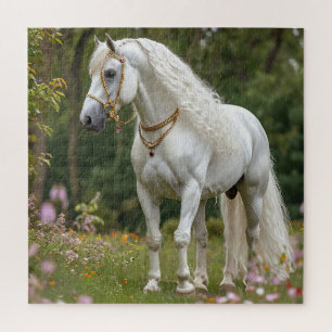 Weißes Pferd mit blühender Mane
