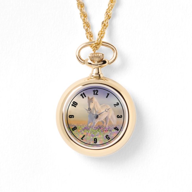 Weißes Pferd mit Blume und Name Armbanduhr (Vorderseite)