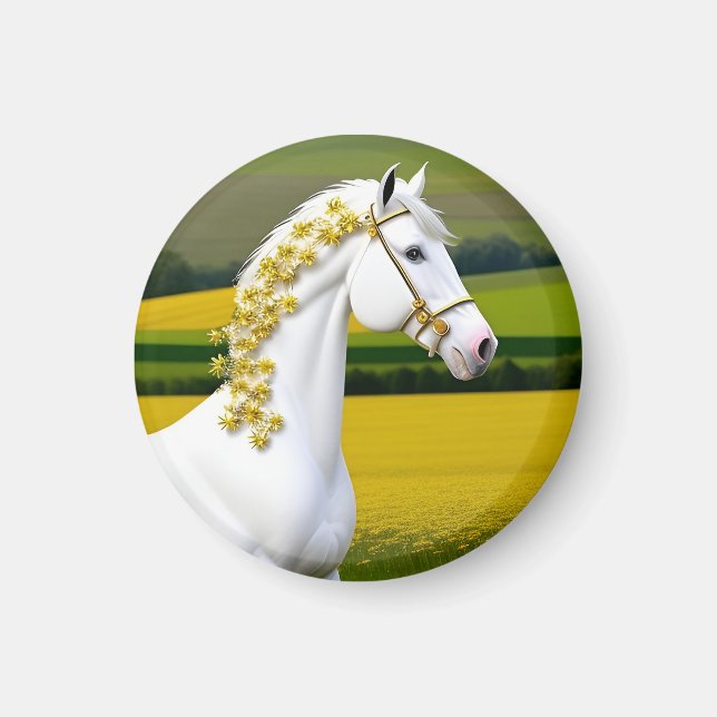 Weißes Pferd mit Blumengarten Magnet (Vorne)