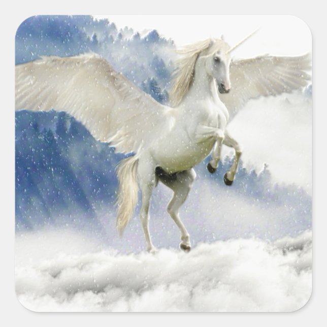 Weißes Pferd mit Flügeln Quadratischer Aufkleber (Vorderseite)