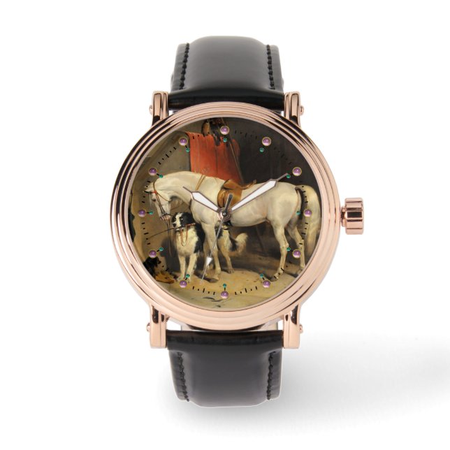 Weißes Pferd mit Hunden Armbanduhr (Vorderseite)