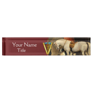 Weißes Pferd mit Hunden/CADUCEUS VETERINÄRSYMBOL Namensplakette