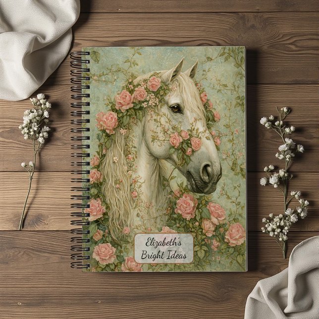 Weißes Pferd mit Rosen Notizbuch (Von Creator hochgeladen)