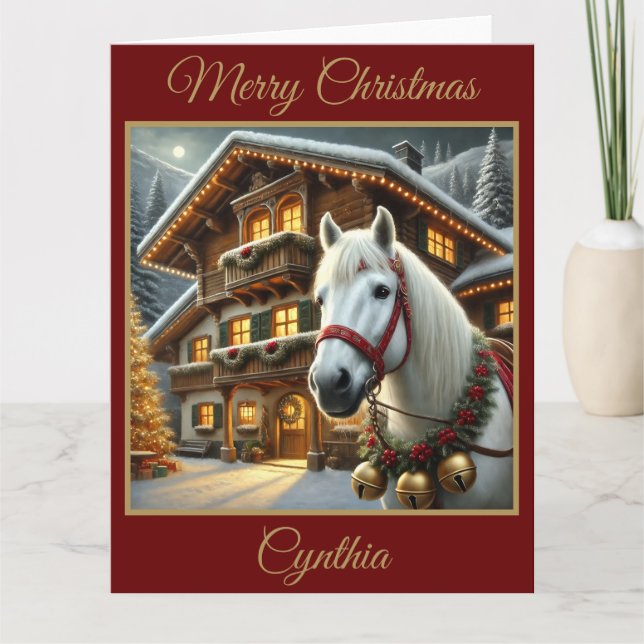 Weißes Pferd mit Weihnachtskarte des Alpenhauses Karte (Vorderseite)