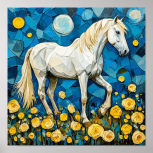 🐎 Weißes Pferd Mosaik Blaue Blumen-Fantasie-Kunst Poster