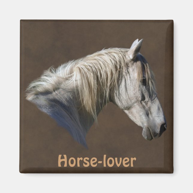 Weißes Pferd Portrait auf Lederlook BG Magnet (Vorne)