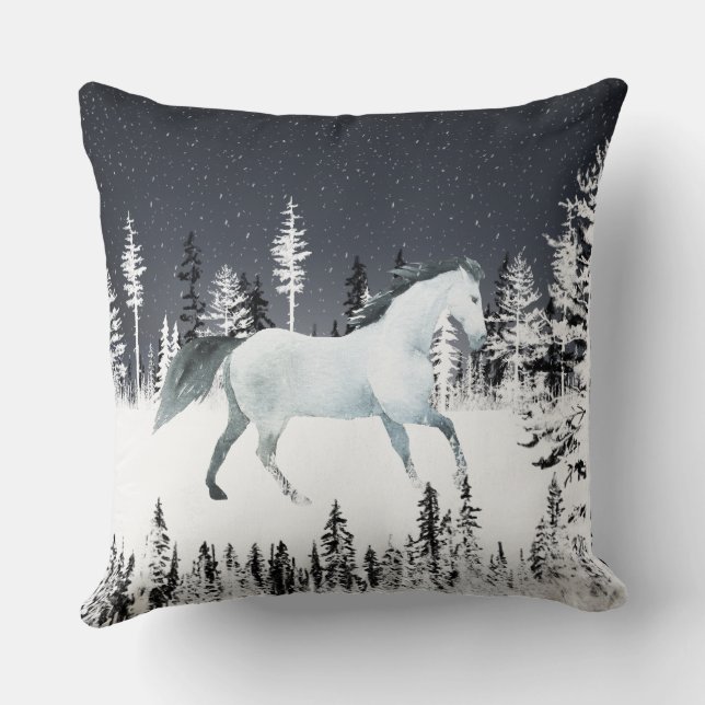 Weißes Pferd Schneewald nächtliche Pinienwälder Kissen (Rückseite)