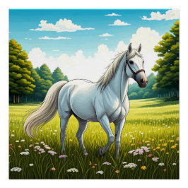 Weißes Pferd stehend auf einem Grasfeld Poster