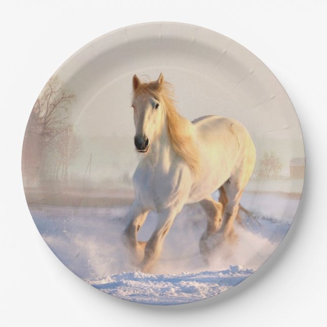 Weißes Pferd, weißer Schnee Pappteller (Vorderseite)