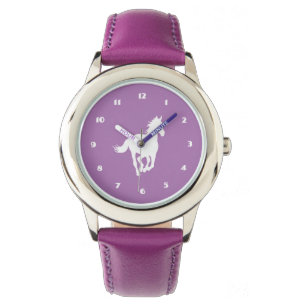 Weißes PferdeSilhouette auf Lila Armbanduhr