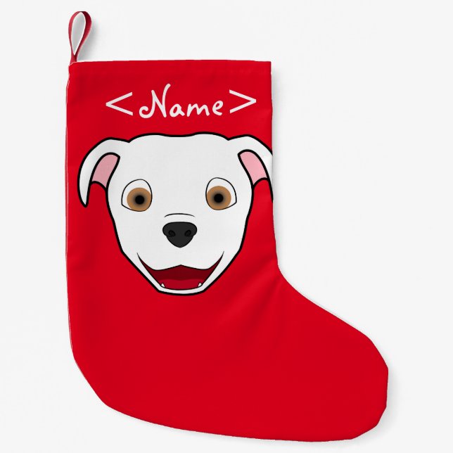 Weißes Pitbull stellen gegenüber Kleiner Weihnachtsstrumpf (Vorderseite)